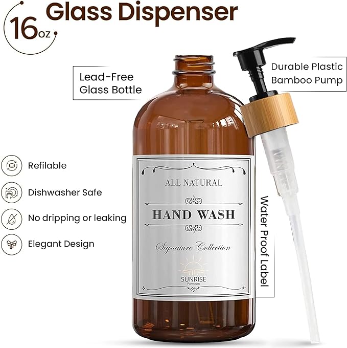 Sunrise Premium 16 OZ Thick Amber Glass Soap Dispenser, Bamboo Pump with Tray 2 Pack, Hand and Dish Soap Dispenser Set for Bathroom with 6 Waterproof Labels