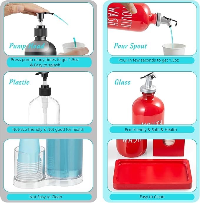 Glass Mouthwash Dispenser for Bathroom, 16 OZ Mouthwash Dispenser with Pour Spout and Wood Cup Holder and Tray, Mouth Wash Bottle Container, Red Kitchen Bathroom Decor and Accessories