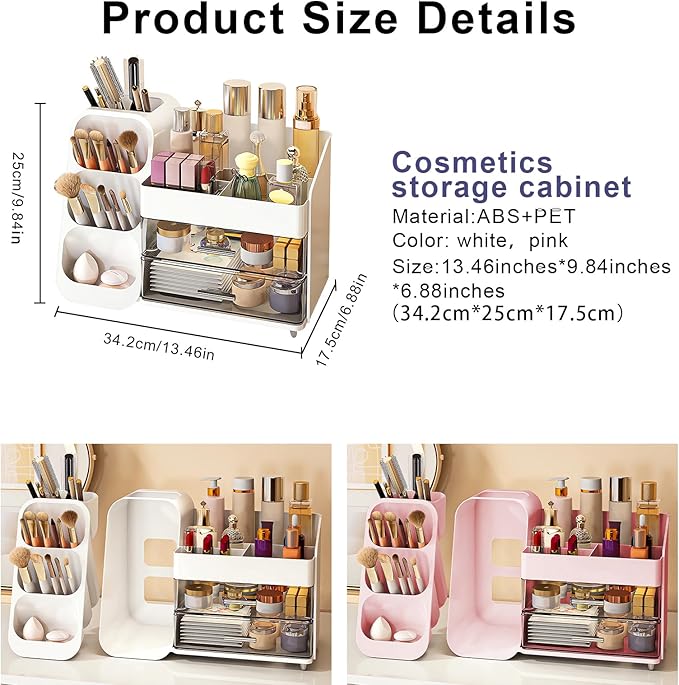 DASITON Makeup Organizer with Brush Holder for Vanity, Bathroom Countertop Organizer with 2 Drawers, Large skincare storage organizers for perfume, lipstick, Nail Polishes and Beauty Essential (White)