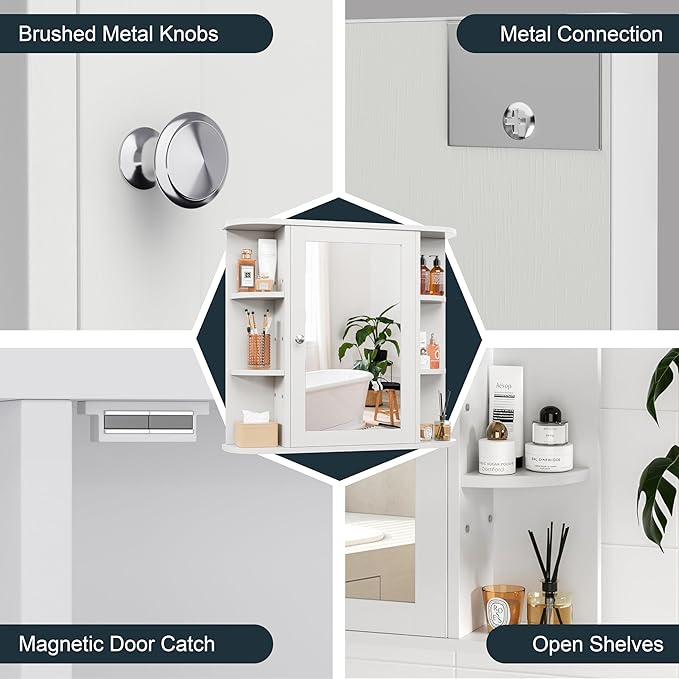 DL-win Bathroom Medicine Cabinet with Mirror, Wall Mounted Home Storage with Door, Over The Toilet Space Saver Storage Cabinet, Bathroom Cabinet Wall Mounted, White
