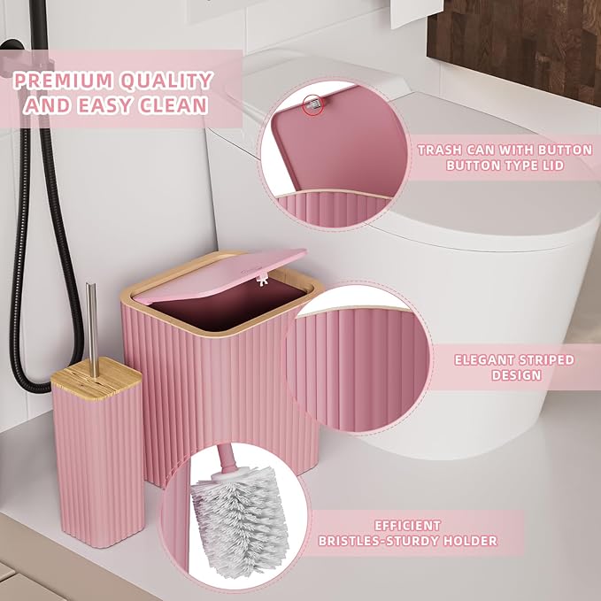 XLHOMO Bathroom Accessories Set - Elegant Pink Bathroom Set, 10PC Bathroom Accessory Set, Toilet Brush, Bathroom Trash Can