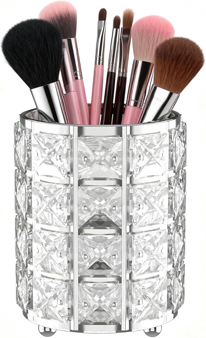 LUGUNU Makeup Brush Holder with Silver Crystal Bling ?€? Elegant Vanity Organizer for Brushes, Pens & Pencils, Ideal for Bathroom or Office Countertop(1Pack)