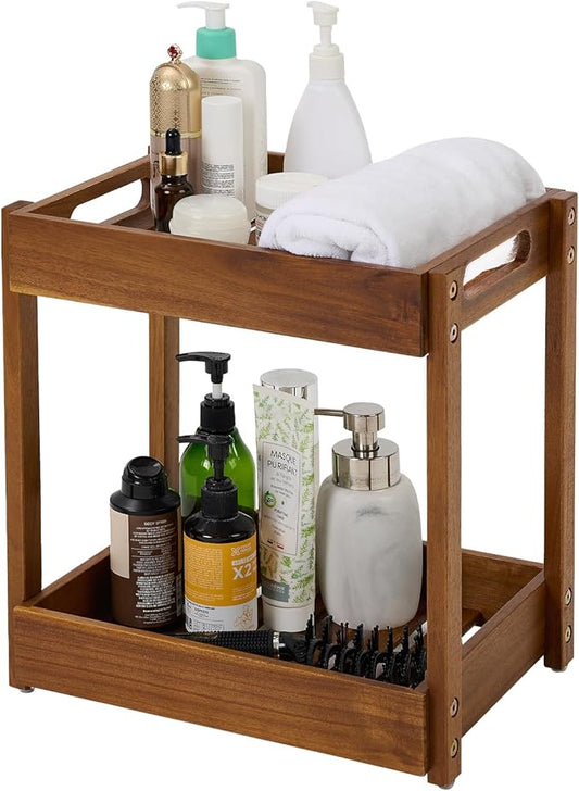 BEEFURNI Acacia Wood Shower Caddy, 2 Tier Shower Organizer, Sturdy Corner Shower Caddy, Wooden Bathroom Shelves Freestanding, Bathroom Standing Shelf (2T)