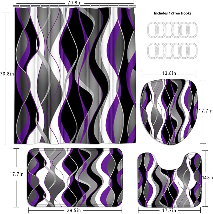 Nkzply 4 Pcs Purple Shower Curtain Black Bathroom Sets with Shower Curtain and Rugs Grey Modern Striped Shower Curtain Set White Bathroom Rugs Set Bathroom Decor and Accessories Toilet Lid Cover Hooks