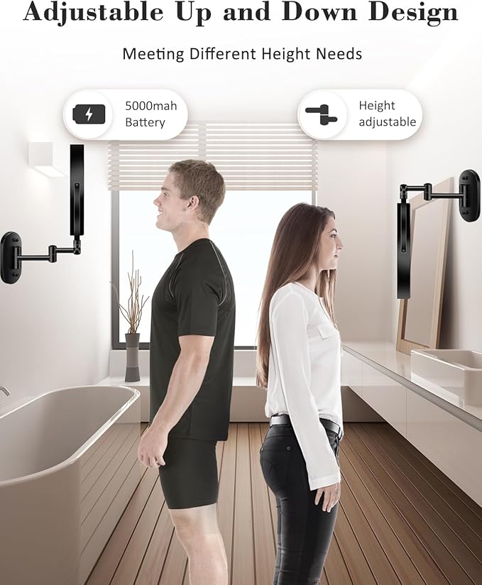 vpu 9" Wall Mounted Makeup Mirror with Light, 20X/1X Height Adjustable Double Sided Magnifying Bathroom Lighted Mirror, 3 Color Touch Dimmable Extended Arm 360 Rotation Light up Magnification Mirrors