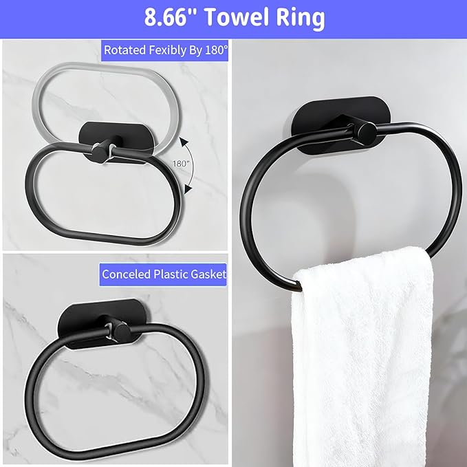 Bathroom Hardware Set, 16" Bathroom Towel Holder with Toilet Paper Holder, Towel Ring, Towel Hook, Bathroom Accessories for Kitchens, Laundry Rooms (10, Black)
