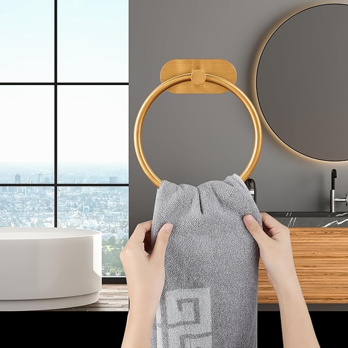 Self Adhesive Towel Ring and Toilet Paper Holder, No Drilling Stainless Steel Bathroom Hardware Set, Sturdy Bathroom Accessories for Home or Kitchen, Wall Mounted (Gold)