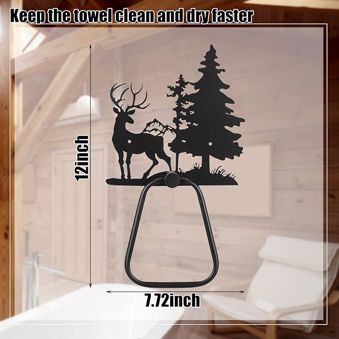 Peryiter 3 Pcs Bear Towel Holder Rustic Towel Racks Cabin Bathroom Decor Black Bear Deer Wipe Ring Wall Decorations Farmhouse Kitchen Gifts