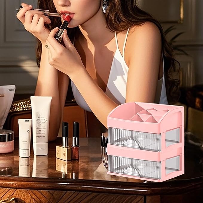 Makeup and Jewelry Organizer-Multilayer Transparent Drawer Storage,Desk Drawer Organizer-Cosmetics Jewelry Storage Cabinet,Desktop Rack for Stationery | Household Storage,for School Home (pink, S)