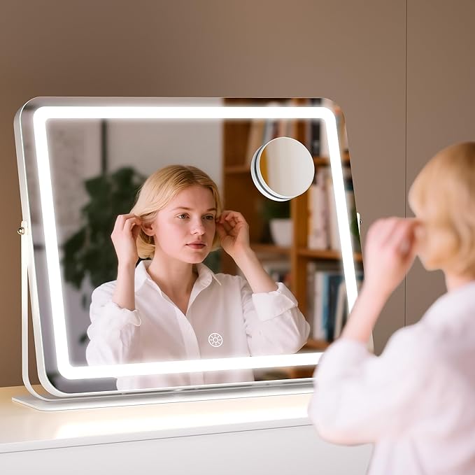MINISO Vanity Mirror with Lights, 18" x 14" LED Makeup Mirror, Light & Brightness Adjustment, Smart Sensor, 360°Rotation, Aluminum Alloy Metal White Frame, with 10X Magnifying Glass