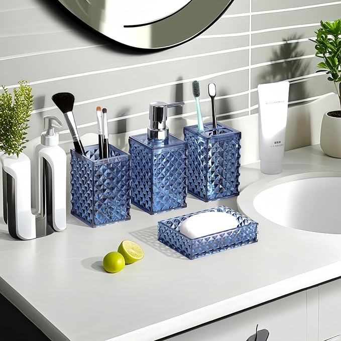 Blue Bathroom Accessories Set, 4 PCS Dark Navy Blue Bathroom Accessories Sets Complete, Diamond Pattern Bathroom Soap Dispenser and Toothbrush Holder Set, Boho Bathroom D??cor and Accessories