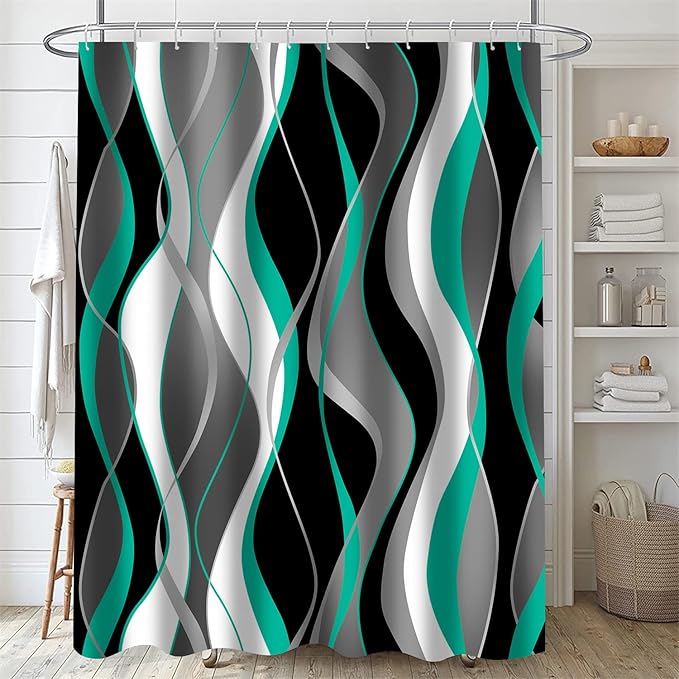 Nkzply 4 Pcs Green Striped Shower Curtain Set Teal and Black Bathroom Sets with Shower Curtain and Rugs Grey Modern Bathroom Decor Turquoise Shower Curtains with Rugs and Toilet Lid Cover