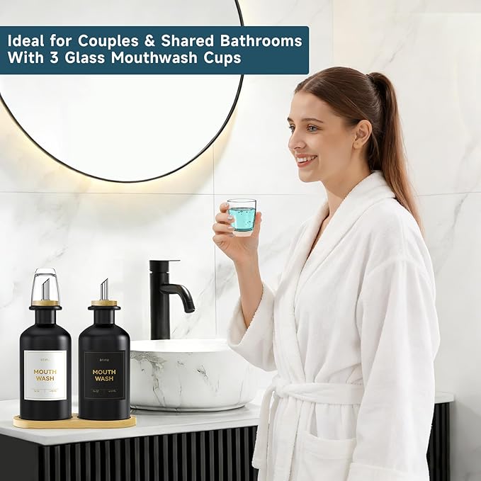 2PCS Black Glass Mouthwash Dispenser for Bathroom Countertop – 14oz/410ml Refillable Mouthwash Container with Glass Cup & Bamboo Tray, Modern Bathroom Decor for Home, Office, Airbnb (Black)