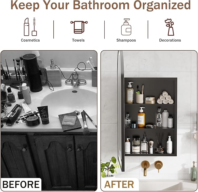 Medicine Cabinet with Mirror,Bathroom Wall Cabinet with Adjustable Shelves Arch Metal Storage Cabinet for Bathroom Bedroom (No Assembly Required) Black 16.5 * 31.1''