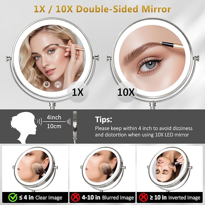 Lighted Makeup Mirror,4000mAh Rechargeable Double Sided Magnifying Mirror 1x/10x with 3 ColorsStepless Dimming, 360° Rotation Vanity Mirror with Lights, Memory Function,Nickel