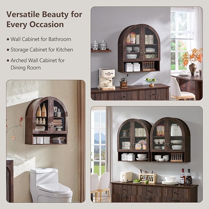 IFGET Bathroom Arched Wall Cabinet, 23.6'' Wide Medicine Cabinet with Adjustable Shelves & Glass Doors, Over The Toilet Storage Wall Mount Cabinet for Laundry Room, Kitchen & Living Room, Dark Walnut