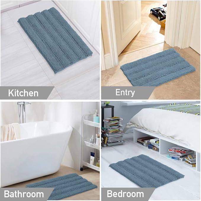 Turquoize Chenille Bathroom Rugs Set Non-Slip Bath Mats for Bathroom Super Absorbent Shaggy Shower Mat for Tub Kitchen Plush Bath Rug Plus U Toilet Mat(Standard: 20" x 32" and 20" x 20" U), Stone Blue
