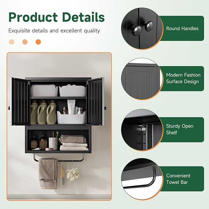 Letaya Metal Bathroom Wall Cabinet with 2 Doors,Medicine Cabinet with Towel Rack,Wall Mounted Storage Cabinet (Black)