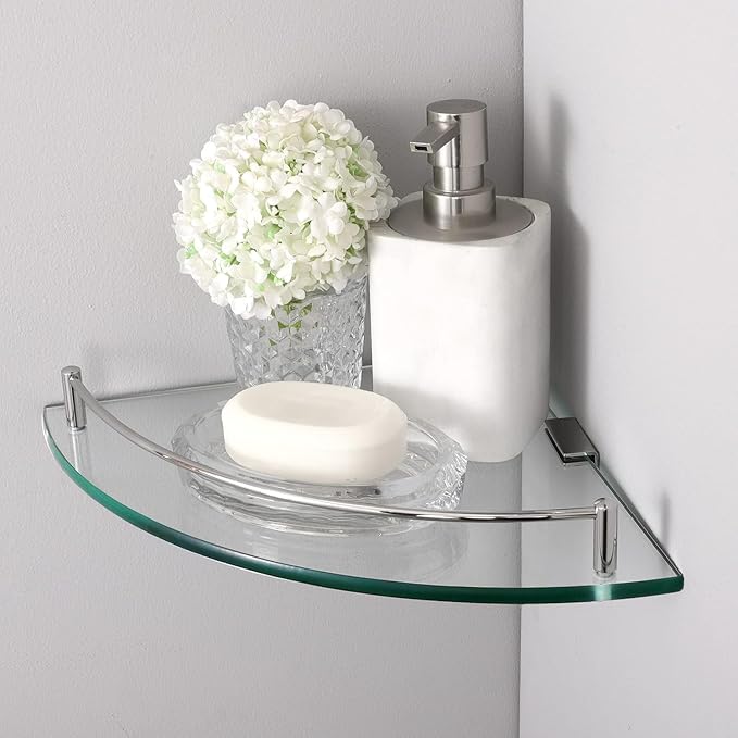 Glass Corner Shelf Bathroom Shelf Tempered Glass with Rail SUS 304 Stainless Steel Floating Wall Mount Bracket Polished Chrome Finish