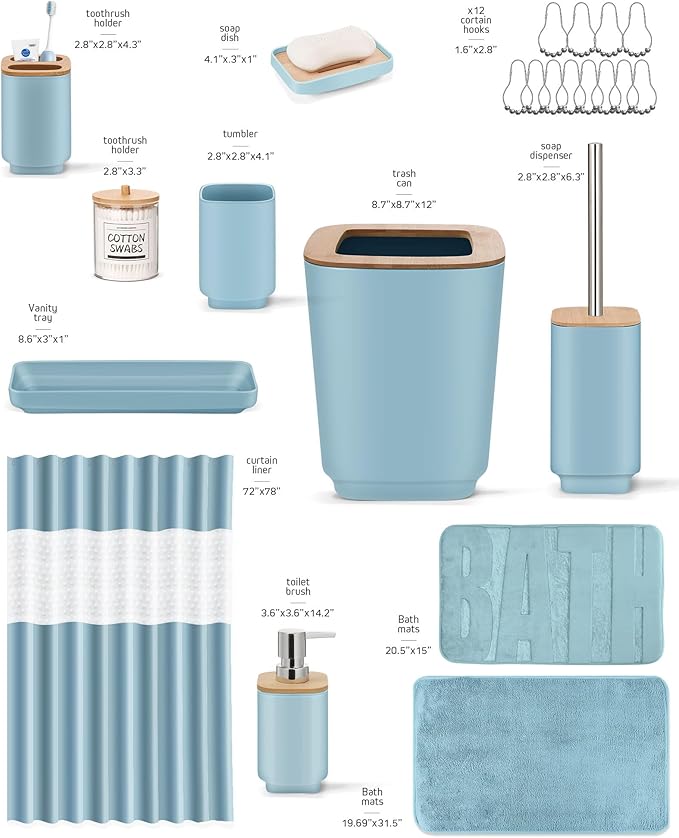 IMAVO Bathroom Accessories Set, Non-Slip Absorbent Blue Bathroom Rugs and Waterproof Shower Curtain with Hooks,Complete Bathroom Set for Bathroom Décor