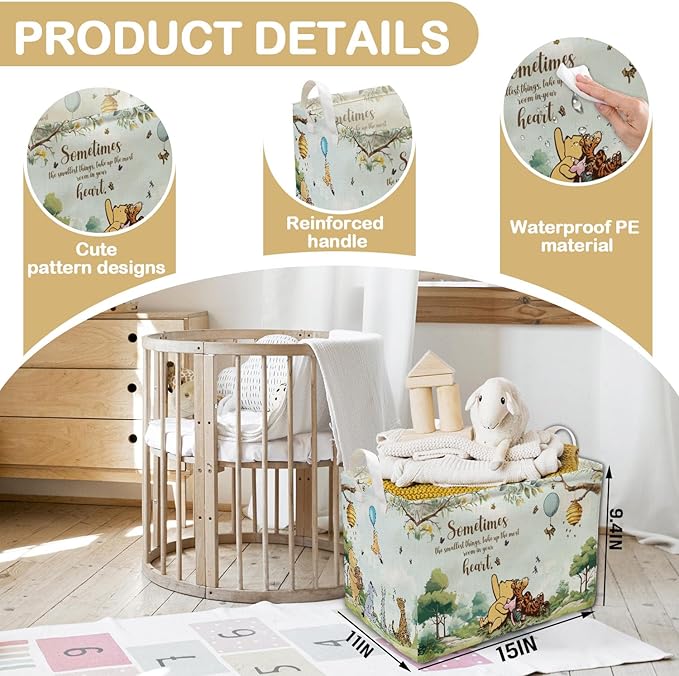 Blue Winnie Storage Basket with Handles, the Pooh Baby Stuff Storage Basket, Winnie Baby Nursery Hamper Decor, Foldable and Waterproof Canvas for Bathroom and Bedroom SetClothes,Toys Bin