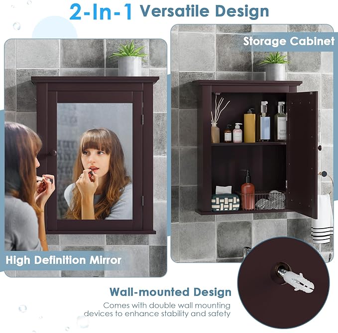 COSTWAY Bathroom Medicine Cabinet with Mirror, Wall-Mounted Storage Cabinet Organizer with 5-Position Adjustable Shelf, Hanging Bathroom Wall Cabinet for Living Room Bedroom Entryway (Brown)
