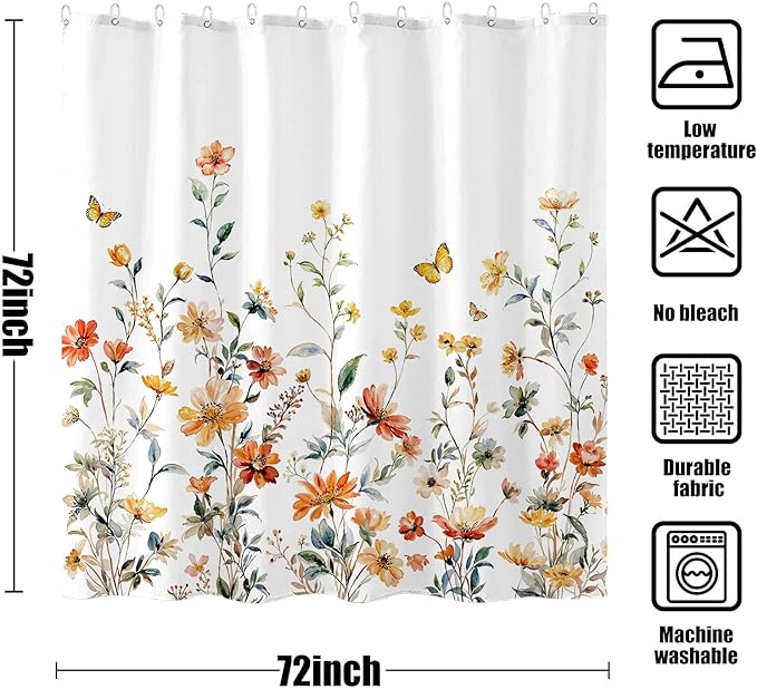 Aipon Watercolor Floral Shower Curtain Colorful Wildflower Shower Curtains for Bathroom Boho Pink Orange Spring Flower Butterfly Botanical Waterproof Fabric Bath Curtain Decor 72 X 72 Inches