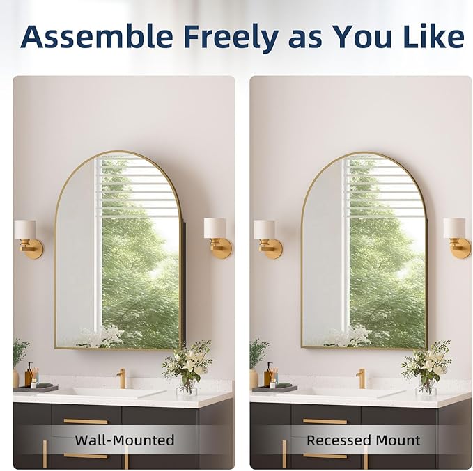 Medicine Cabinets for Bathroom, Gold Arched Medicine Cabinet Recessed or Surface Wall-Mounted,Modern Bathroom Vanity Mirror with Storage, Mirrored Cabinet with Adjustable Shelves,24x36 Inch
