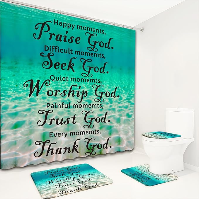 Dreamrflove Shower Curtain Ocean/Sea Themed, Blue Ocean Scripture Shower Curtain with,Classic Christian Scriptureins Quotes,72x72 Inch Waterproof Polyester Insulated Home Decor