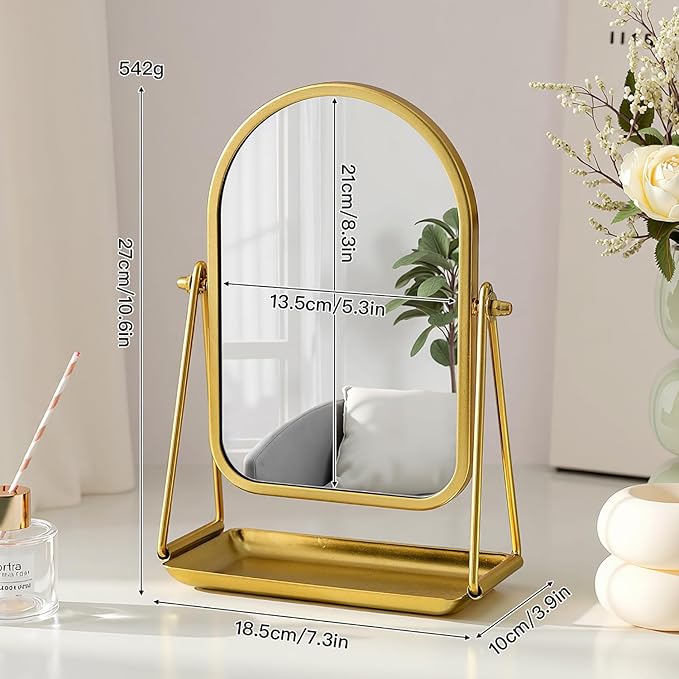 Desk Table Mirror Arch Makeup Vanity Mirror 360°Adjustable Rotation Golden Metal Framed Standing Mirrors with Tray Desktop Cosmetic Mirror for Living Room,Bedroom,Tabletop,Bathroom