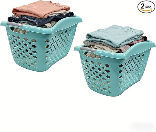 (2 Pack) 1.8 Bushel Hip Hugger Laundry Basket, Teal Flexible Plastic Hamper - Easy 1-Hand Carry(Home/Laundry Room)