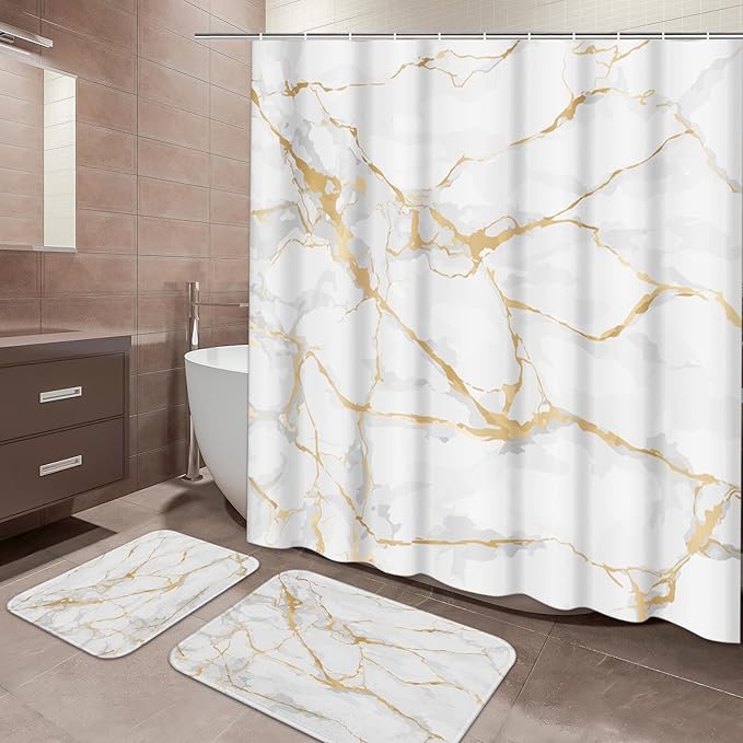 ArtSocket White Bathroom Set with Shower Curtain and Rugs and Accessories, Marble Gold Rose Stone Shower Curtain Set, Modern Mable Bathroom Decor 3-Piece Set