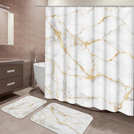 ArtSocket White Bathroom Set with Shower Curtain and Rugs and Accessories, Marble Gold Rose Stone Shower Curtain Set, Modern Mable Bathroom Decor 3-Piece Set
