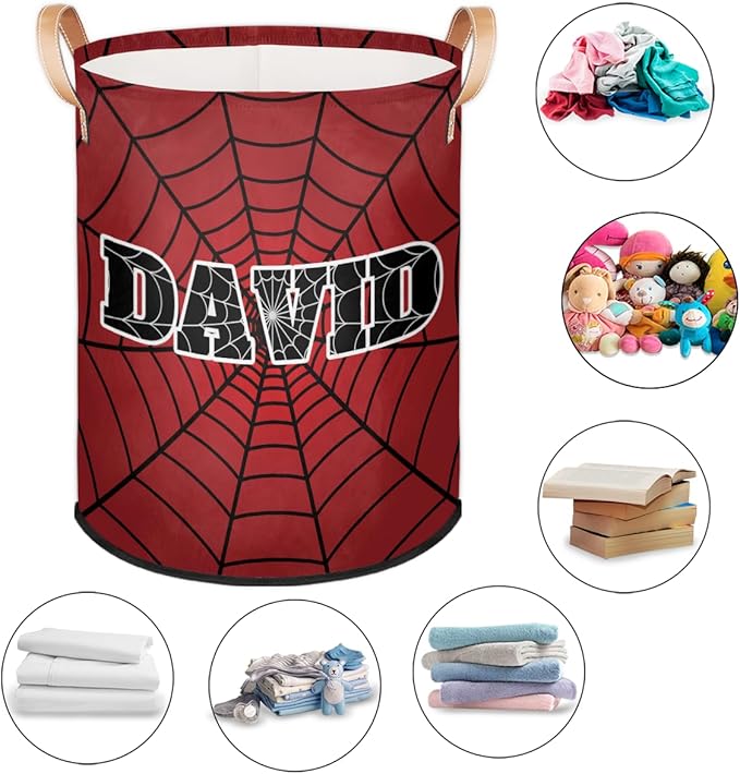 Spider Wed Personalized-Laundry-Hamper-Basket for Kids Custom Name Collapsible Storage Organizer Bin Dirty Clothes Toys Hamper for Boys Nursery in Laundry, Bedroom, Bathroom Red Blue