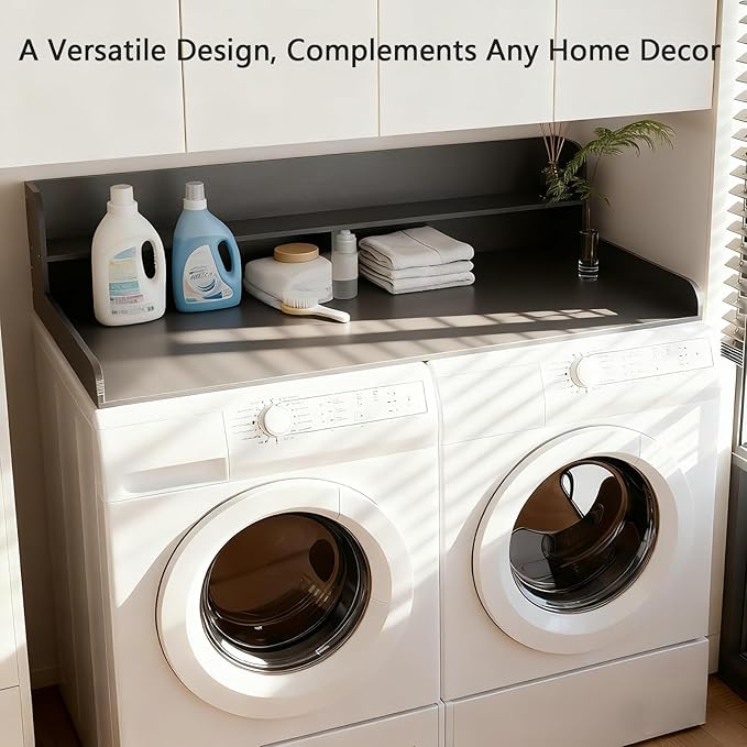Fabuday 2-Tier Wood Washer Dryer Countertop with Shelf - Two Layers Laundry Topper for Storage & Organization, 54''x27.5''x11.9'' Counter Table with Edge Over Washing & Dryer, Charcoal Black