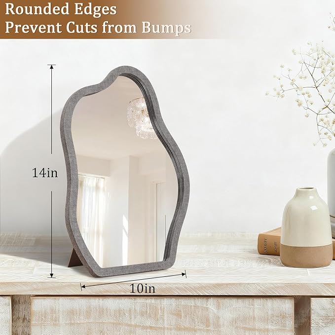 Makeup Desk Mirror Wood Frame Portable Free Standing Ornate Tabletop High Definition Countertop Mirrors with Stand for Vanity Dresser Living Room Bedroom Office Decorative