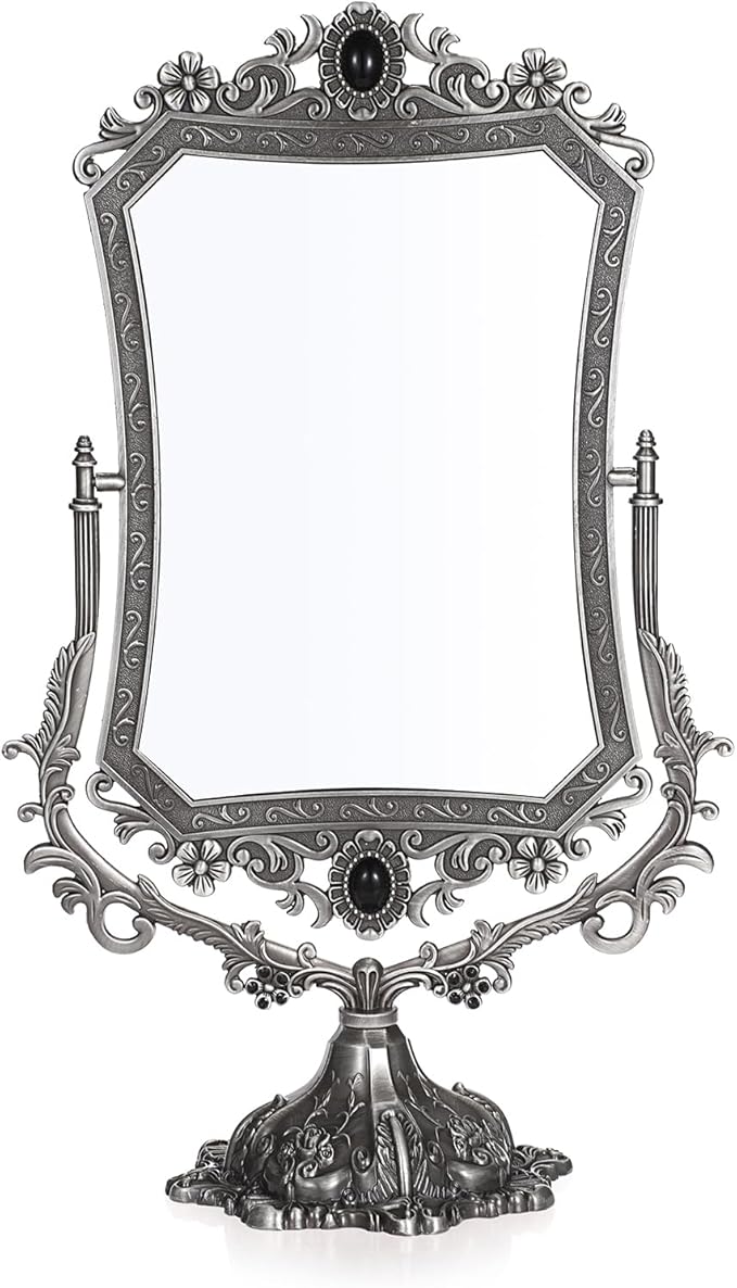 JUXYES Metal Tabletop Antique Decorative Makeup Mirror with Stand, Vintage 360° Swivel Double Sided Cosmetic Mirror with Frame, Retro Desktop Dressing Mirror Magic Mirror for Dresser