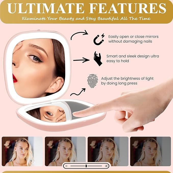 Led Compact Mirror, 1X /10X Magnification, 3.9" Portable Double Sided Light, Auto ON/Off, USB Charging, 3 Light Setting and Dimmable, Memory Touch Switch (Pink)