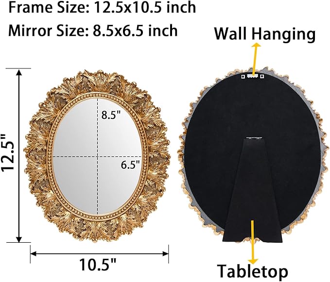 JANDERART Small Oval Vintage Mirror 12.5x10.5 Inch, Antique Ornate Decorative Mirror for Desk & Wall, Vanity Mirror for Makeup, Gold