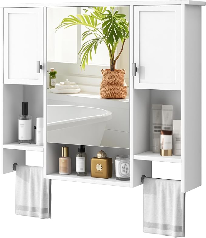Merax Medicine Cabinet for Bathroom, Wall Mount Bathroom Cabinet with Mirror, Open Shelf, and Towel Bar, 35" W x 28.7" H Over The Toilet Mirrored Bath Wall Cabinet