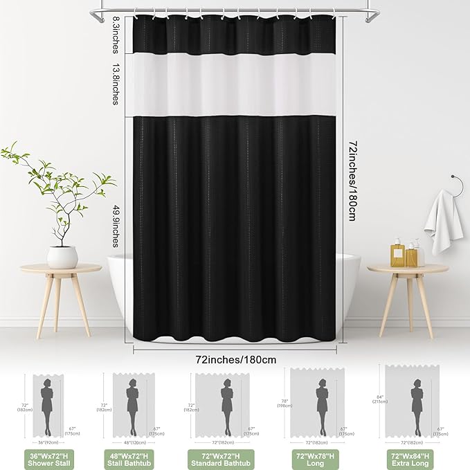 UFRIDAY Waffle Weave Shower Curtain 72x72 inch,Hotel Style Bath Curtain with Mesh Window, Heavy Duty Thick Fabric Shower Curtain for Bathroom,Washable Water Resistant，Black