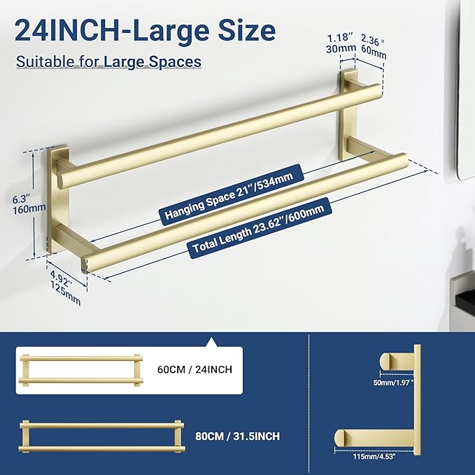 SAYAYO Double Towel Bar for Bathroom, 24 Inch Brushed Gold Bath Towel Rack Towel Holder Wall Mounted, SUS304 Stainless Steel