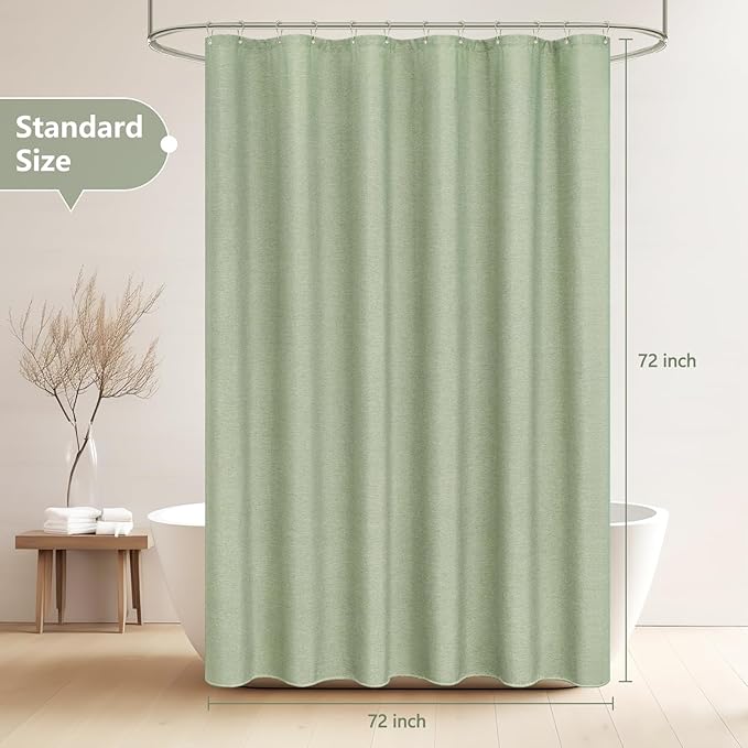Natural Sage Green Linen Look Fabric Shower Curtain, Heavy Duty Faux Linen Textured Shower Curtain Water-Resistant, 72 x 72 Inch Soothing Forest Green Farmhouse Bathroom Decor Shower Curtains