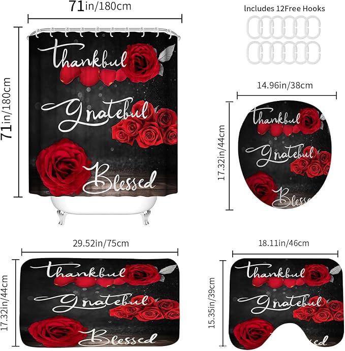 Onalasyc 4Pcs Red Rose Shower Curtain with Rugs Set Waterproof Bathroom Sets with Shower Curtain and Rugs Romantic Showy Red Rose Floral Inspirational Bathroom Curtains Shower Set with 12 pcs Hooks