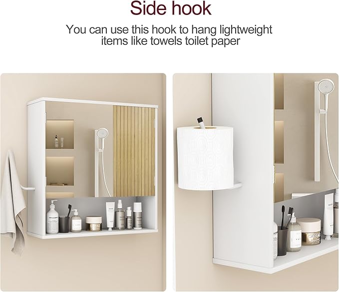 Bathroom Wall Cabinet With Mirror,wall mounted bathroom cabinet,Medicine Cabinet with 2 Door ,Side Hook,Light and Adjustable Shelves,White Cabinet with Wood Grain,Over The Toilet Space Saver Cabinet.