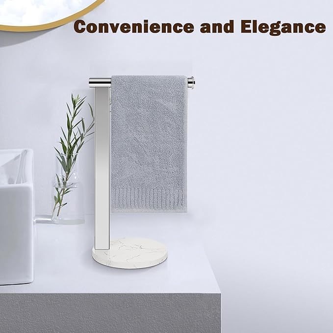 Hand Towel Holder Stand for Bathroom, L- Shaped Standing Hand Towel Rack, Towel Bar Kitchen Vanity Countertop Organizer, SUS304 Stainless Steel Material (Marble Base, Chrome)