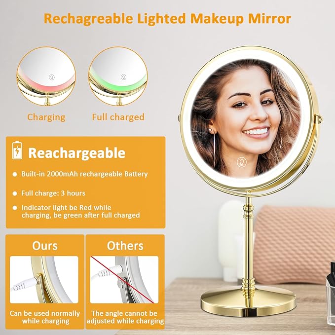Rechargeable 8'' Lighted Makeup Mirror, 1X 10X Magnifying Vanity Mirror with 3 Color LED Lights, Touch Sensor Adjust Brightness Double-Sided Cosmetic Mirror, Gold Finish