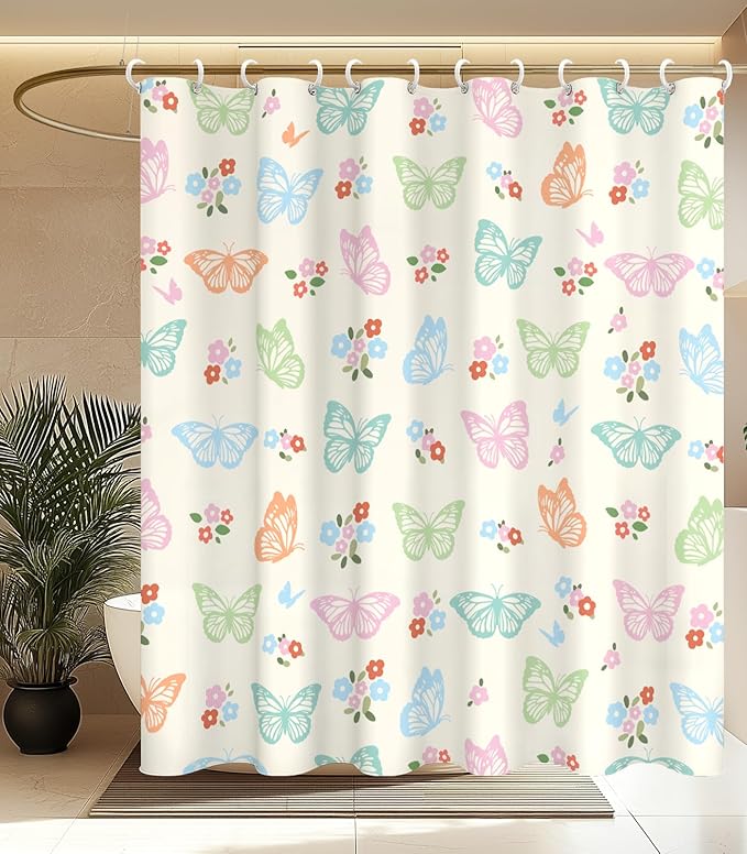 MAMUSE Shower Curtain for Bathroom - Cute Aesthetic Decorative Modern Girly Unique Girls Design Pretty Women Waterproof Fabric Cloth Cortinas de Baño Bathtub 72 x 72 Inch, Fresh Butterfly