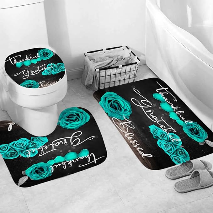 Onalasyc 4Pcs Green Rose Shower Curtain Set with Rugs Waterproof Bathroom Sets with Shower Curtain and Rugs Romantic Rose Floral, Thankful Grateful Blessed Bathroom Curtains Shower Set,with 12 Hooks