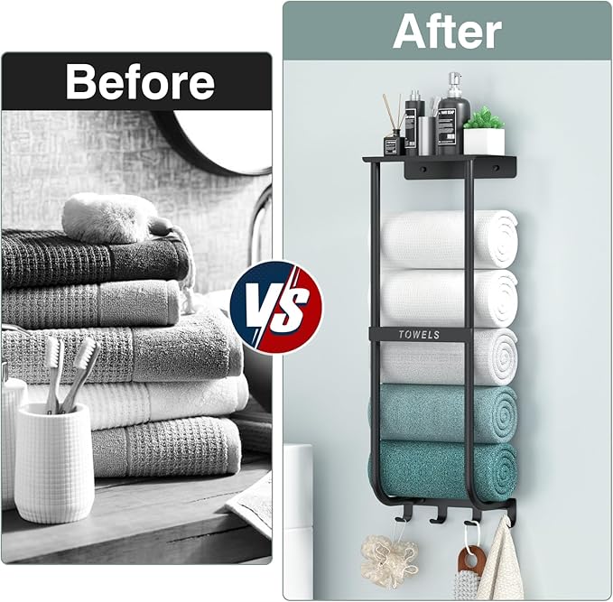 Towel Rack for Bathroom, Black Metal Wall Mounted Towel Holder with Shelf and 4 Hooks, Bathroom Towel Storage Organizer